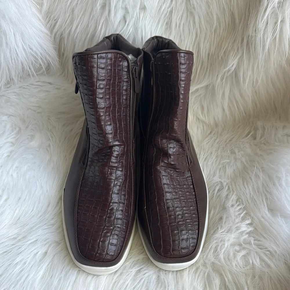 Men’s Brown Crocodile Embossed Leather Look Ankle Boots with Side Zippers Sz 12 - Picture 2 of 6